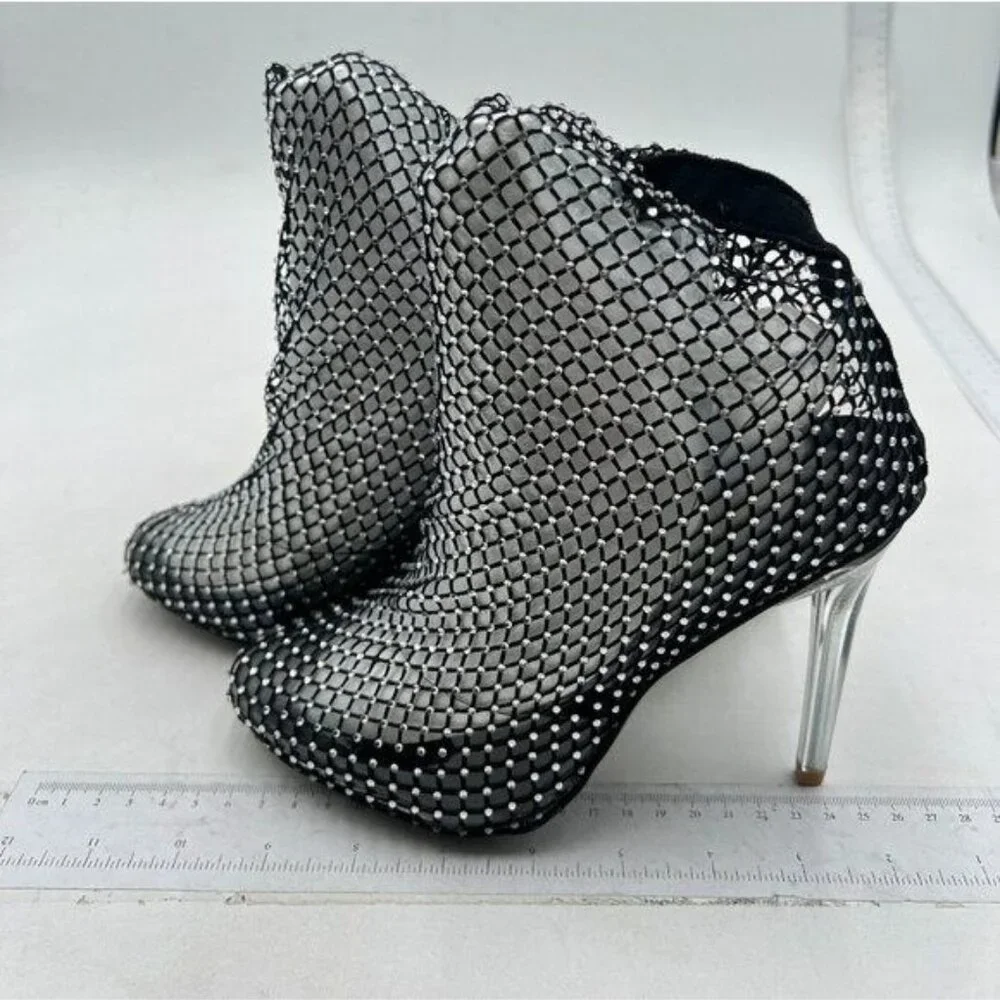 XYD Black Eyelet Sparkly Rhinestones Pointed Toe Crystal Heel Over the Knee Boot